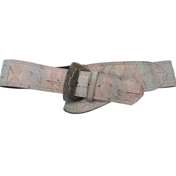 vtg 80s MZ ACCESSORIES Embossed leather wide belt sz L main image 5